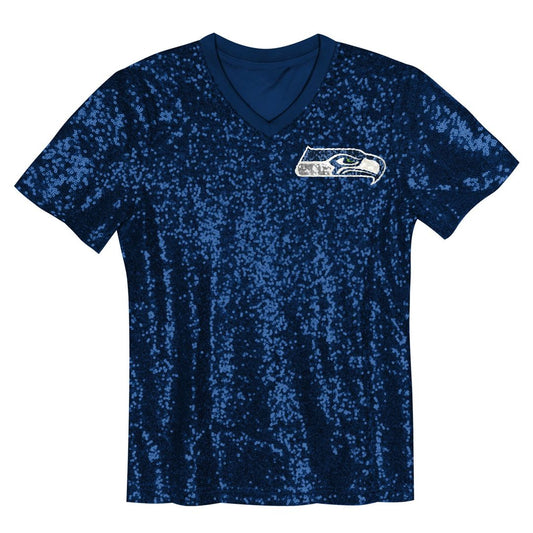 12 Fan Seattle Seahawks Girls Youth Sequin V-Neck Fashion Jersey - College Navy