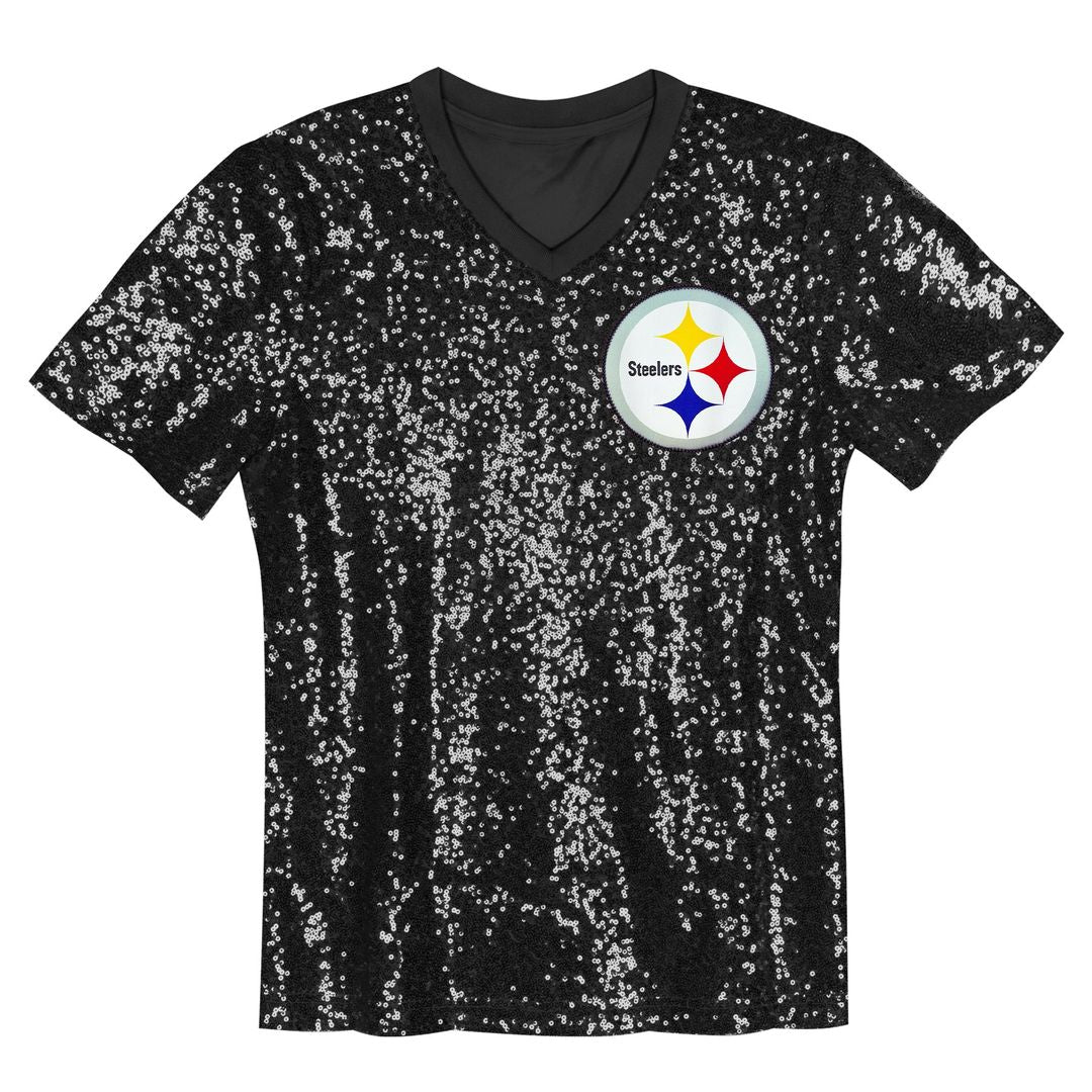 T.J. Watt Pittsburgh Steelers Girls Youth Sequin V-Neck Fashion Jersey - Black
