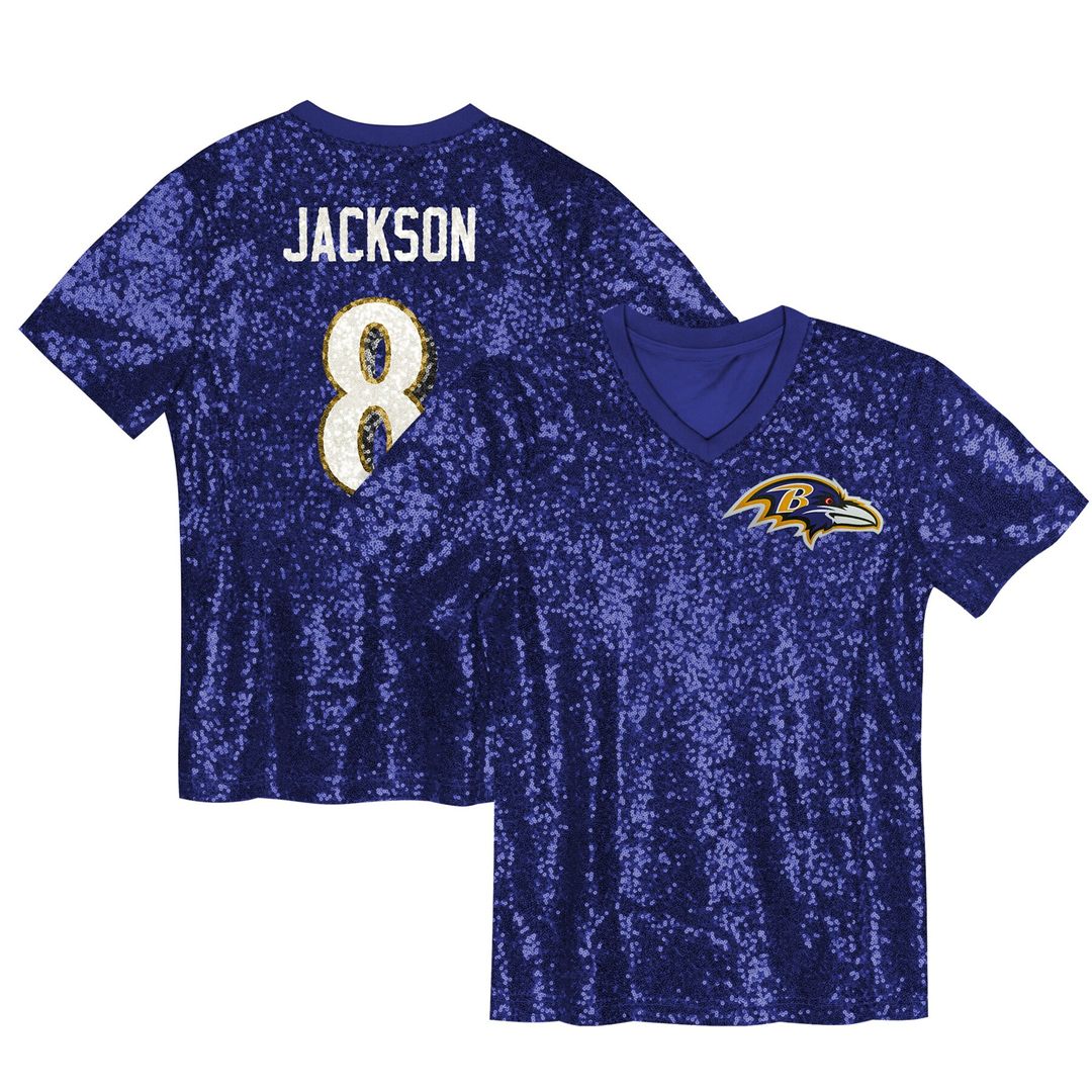 Lamar Jackson Baltimore Ravens Girls Youth Sequin V-Neck Fashion Jersey - Purple